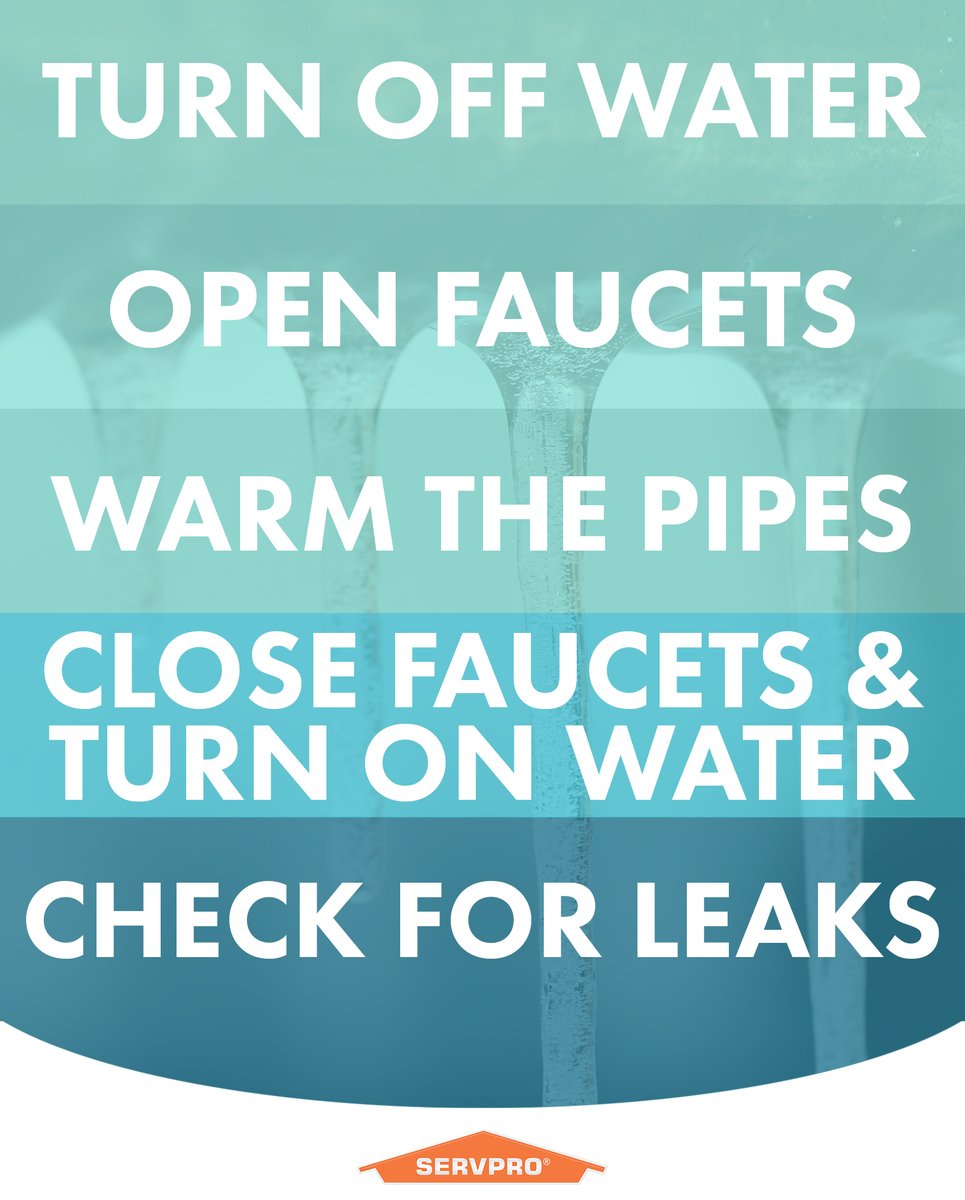 If your pipes have ALREADY frozen over. . .

🔵 Locate the water main shut-off valve 
🔵 Open the faucet so thawing water can flow freely &amp; relieve pressure
🔵 Warm the pipes w/ a space heater or hairdryer
🔵 If you find leaks are causing water damage, give us a call right away