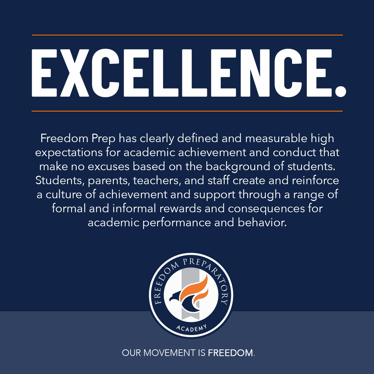 FreedomPrepAcad's tweet photo. As Freedom Prep Eagles, EXCELLENCE - the quality of being outstanding or extremely good - is one of the core values that our students uphold  to help them prepare for college and career! #EagleExcellence #WhyFreedomPrep #FPACoreValues #OurMovementIsFreedom https://t.co/d5n5CphH8N