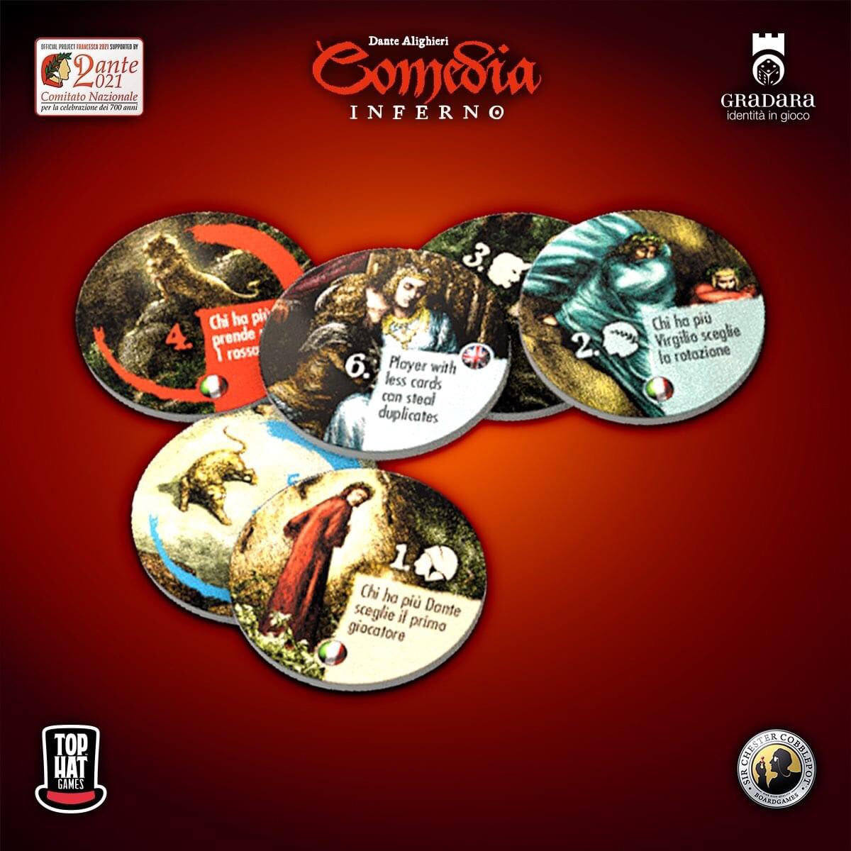 TopHatGames2's tweet photo. Nel round di gioco si inseriscono sei gettoni che introducono altre regole e fanno funzionare meravigliosamente il sistema. Questi componenti, assegnati durante la preparazione, a ogni round sono ceduti da chi li possiede agli avversari che ne soddisfano le condizioni. https://t.co/8eR5tMt5Re