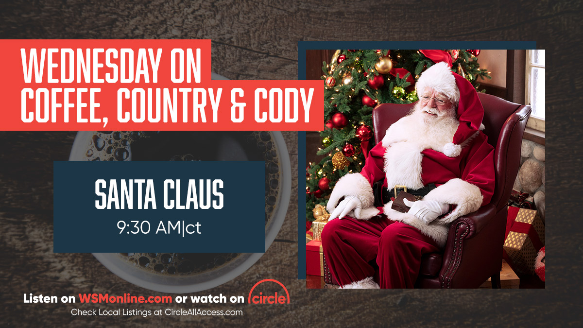 WSMradio's tweet photo. We have someone dropping by #CoffeeCountryCody tomorrow morning that you MIGHT just know!! 

The man with the list, the legend, SANTA CLAUS! 🎅

Grab your milk and cookies and join us at 9:30am/c on 650 AM, https://t.co/d5UrnHEaAs or watch via @CircleAllAccess! Don't be late! https://t.co/Qg96j1wgyr