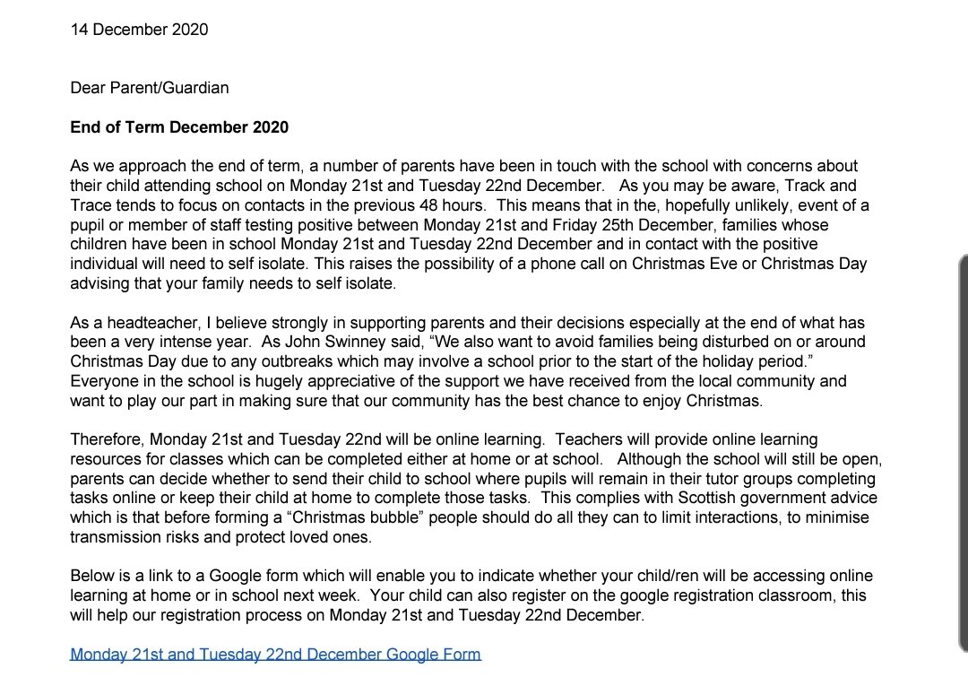 MrMcEnaney's tweet photo. Yesterday a school in Scotland told parents they would move to online learning for 2 days next week in an attempt to provide "the best chance to enjoy Christmas."
Today, the same school seems to have been forced to row back the council or govt or both. https://t.co/tj2SxDD8cf