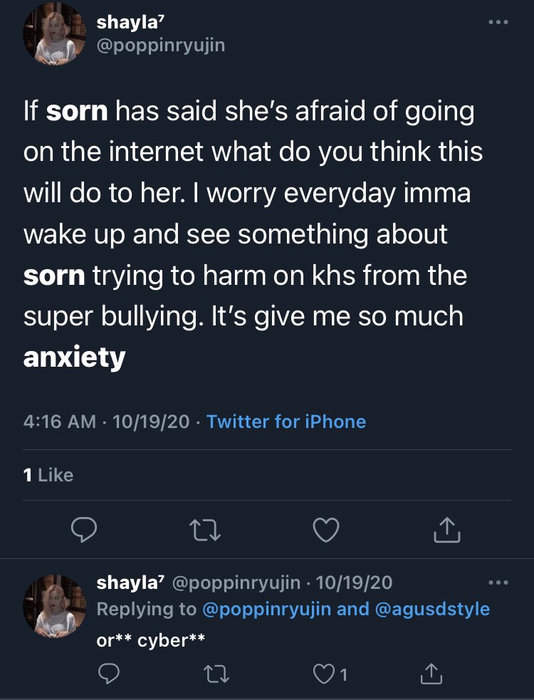 now at this point i thought we could all move on from this incident but it was only the beginning. everyday after what happened dec 2019 sorn has been the target of harassment. it’s so bad that sorn takes many breaks off of social media bc of the anxiety it gives her