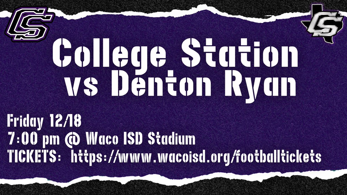 CSHighSchool's tweet image. COUGARS vs DENTON RYAN

Friday 12/18
7:00 pm @ Waco ISD Stadium

ORDER TICKETS ONLINE AT:
buff.ly/2LvJzwK

Tickets will also be sold at the gate. All tickets are $8. Parking is $5