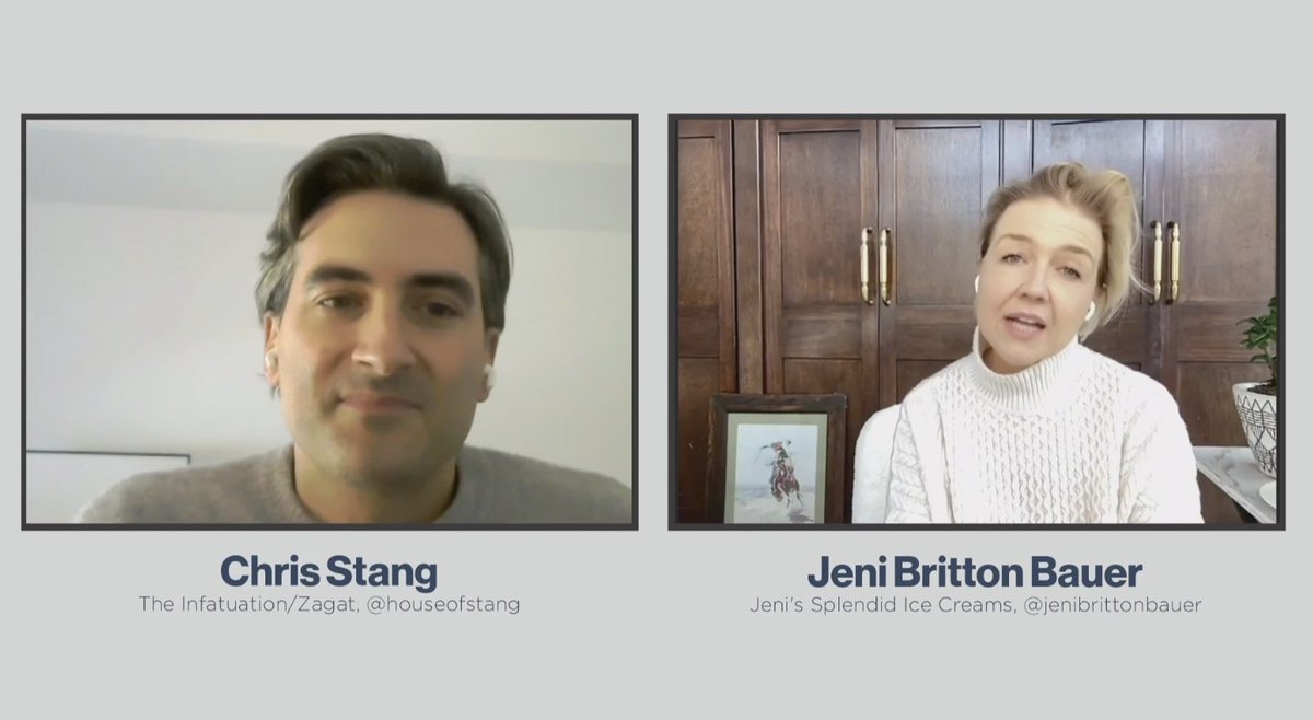 Zagat's tweet photo. Zagat CEO Chris Stang @houseofstang in conversation with Jeni Briton Bauer @Jenisplendid about entrepreneurship and navigating change. #TechTableSummit2020 https://t.co/r5ZxCVRrF2