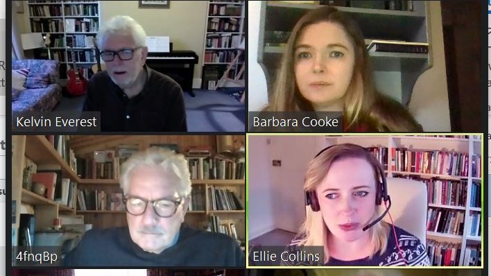 DecafB's tweet photo. So this year's Christmas @CWEvelynWaugh board meeting looked a little different - but amazing to see everyone. Conversation on point as always, with tales of a spider that laid eggs in one delegate's eye TWICE and a #textualediting Prof impersonating someone's background dog. https://t.co/SOHboPZHyA