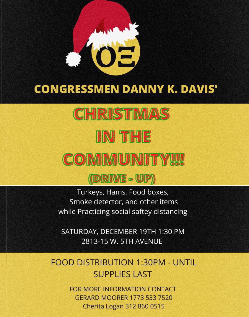 OXiAlphas1982's tweet photo. The Omicron XI chapter of Alpha Phi Alpha is partnering with Congressmen Danny K Davis and other Community Partners this Saturday for “Christmas in the Neighborhood”. We will be giving away Turkeys, Hams , Food Boxes coats &amp; others  winter items.  Join us this Saturday ! https://t.co/D1wQySs4xM