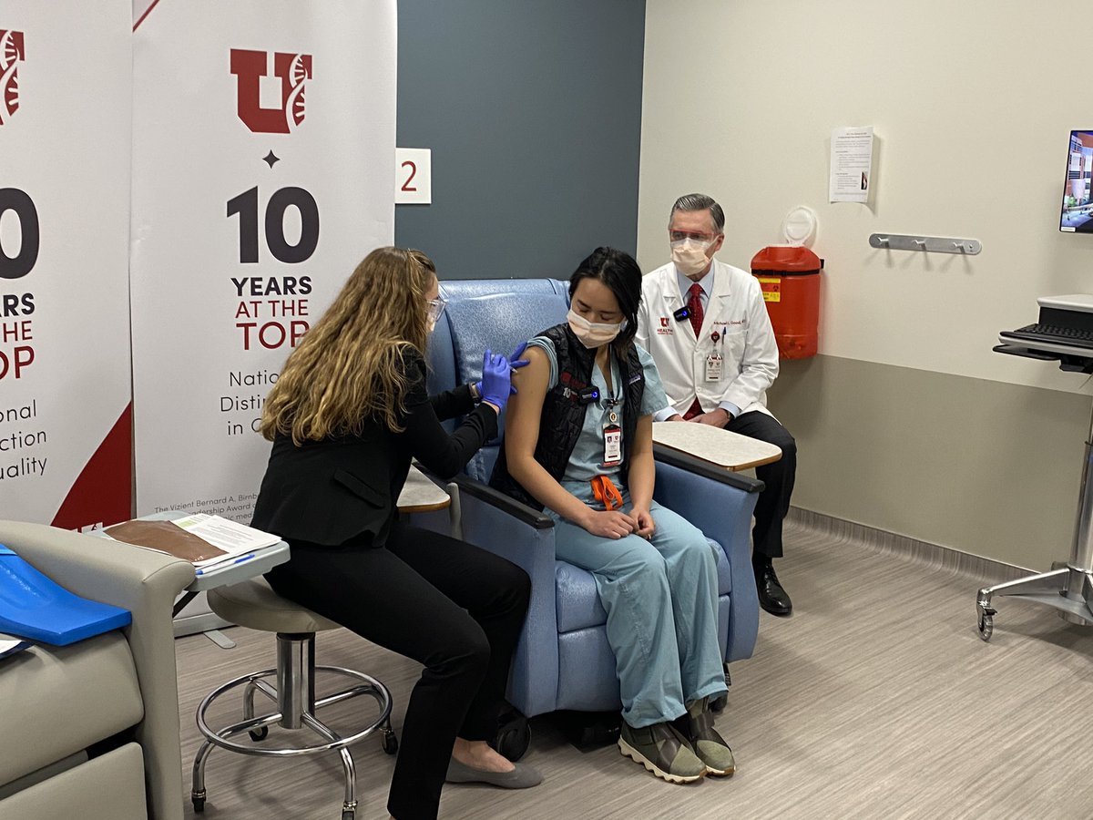 UofUHealth's tweet image. Christy, a MICU nurse at U of U Health, is the first person in Utah to receive the COVID-19 vaccination.