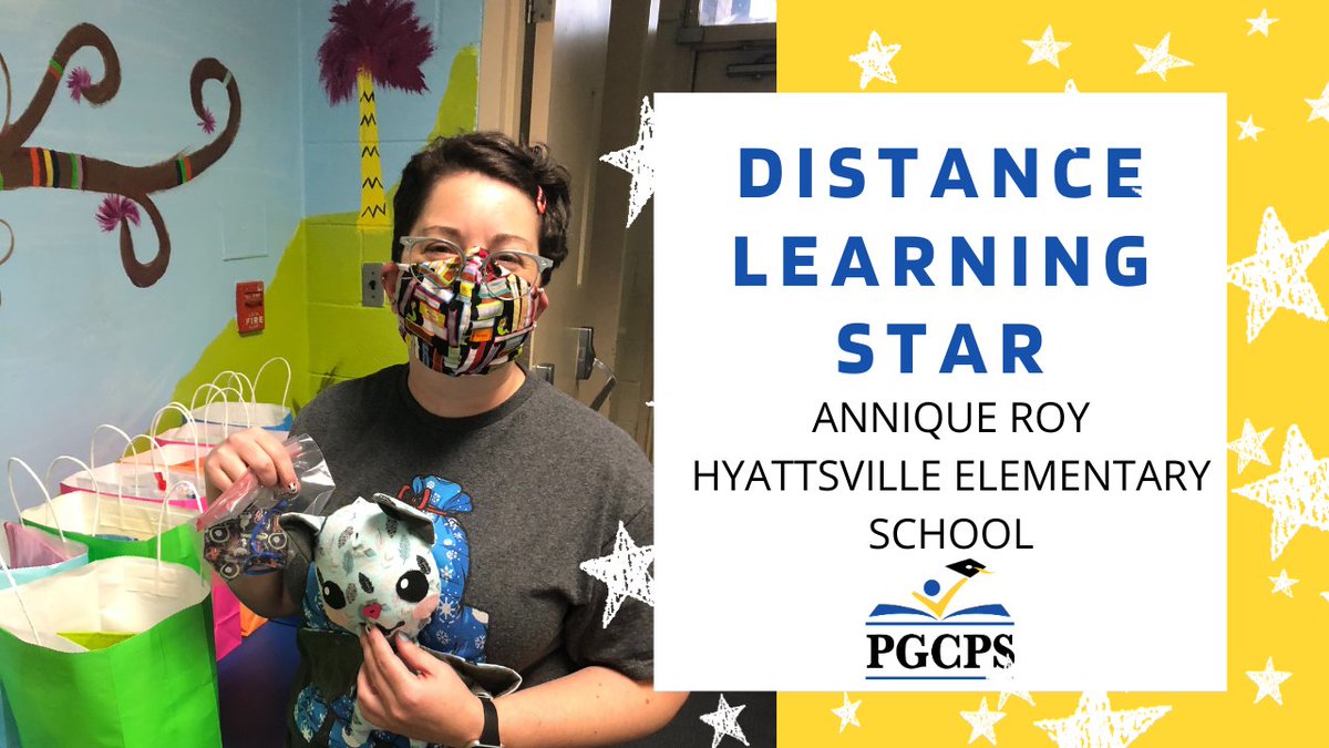 pgcps's tweet photo. Hyattsville Elementary kindergarten teacher Annique Roy knows how to get students excited to learn! She delivered handmade stuffed characters ("Book Buddies"), personalized face masks + other supplies to each of her 19 students. #TeacherTuesday🍎 #PGCPSDistanceLearningStars⭐️ https://t.co/zgjS6qA1Li