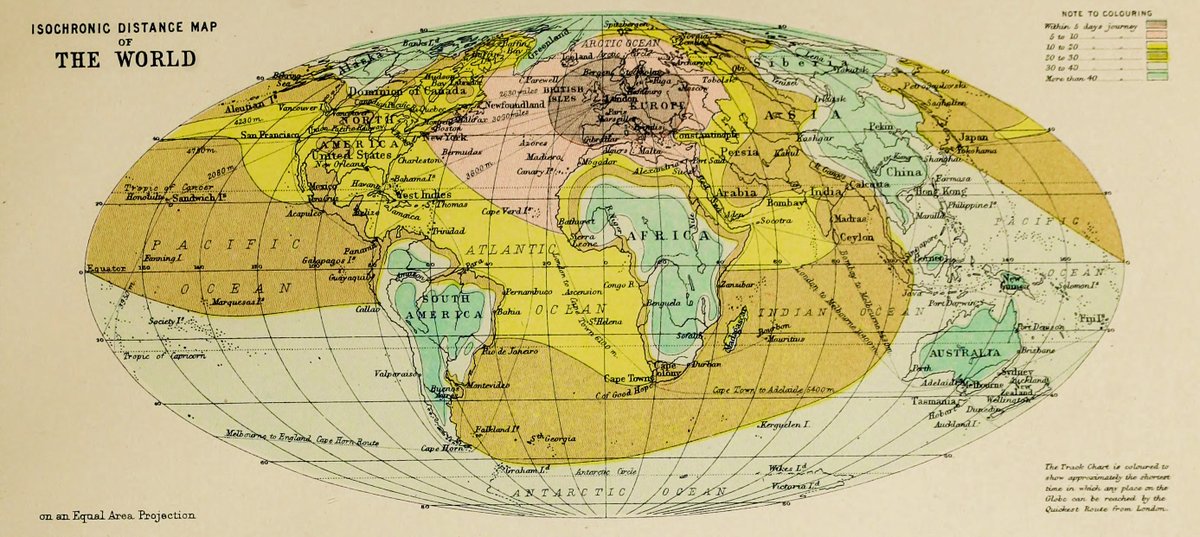 Think about the change in human mobility across the eras in that graph. Here is an "isochronic" map from precisely 1889, showing how far you could get from London in a number of days. The dark yellow is 20–30 days.