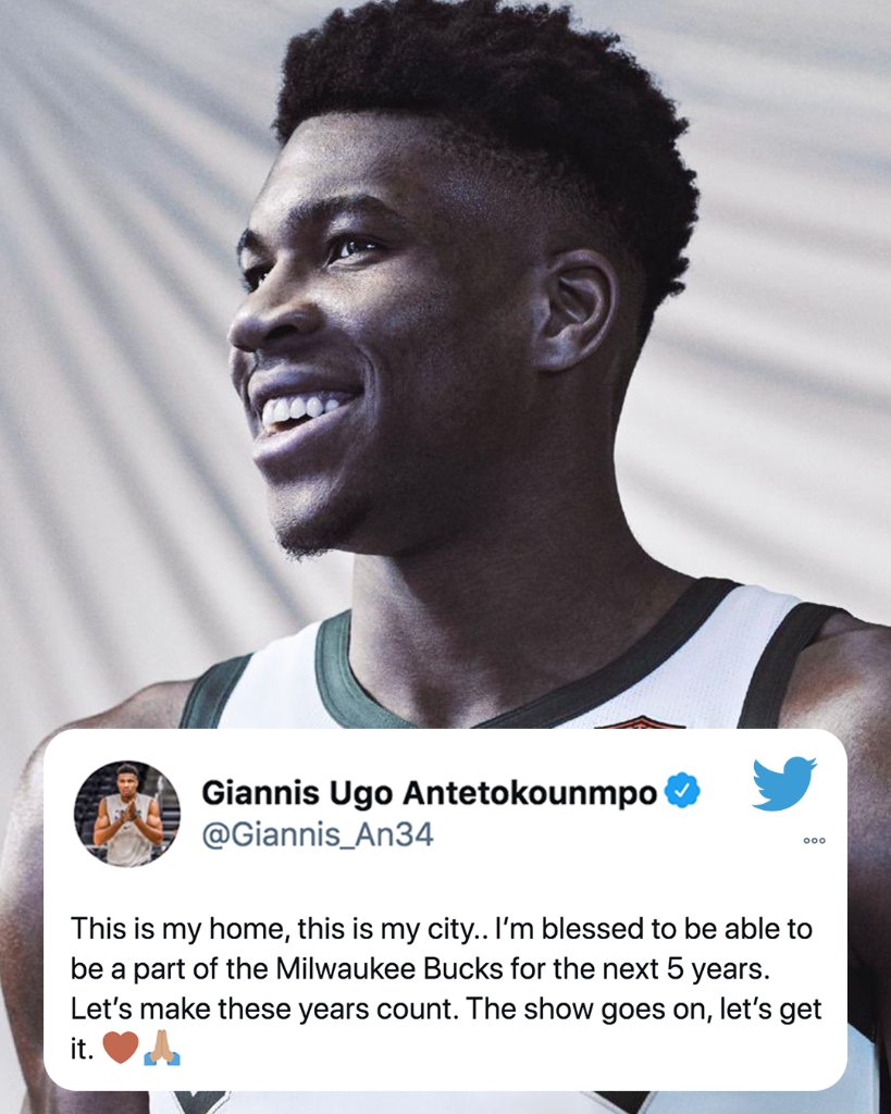 espn's tweet photo. Giannis has announced he will sign a 5-year extension with the Bucks. https://t.co/eKp10ta8Ej