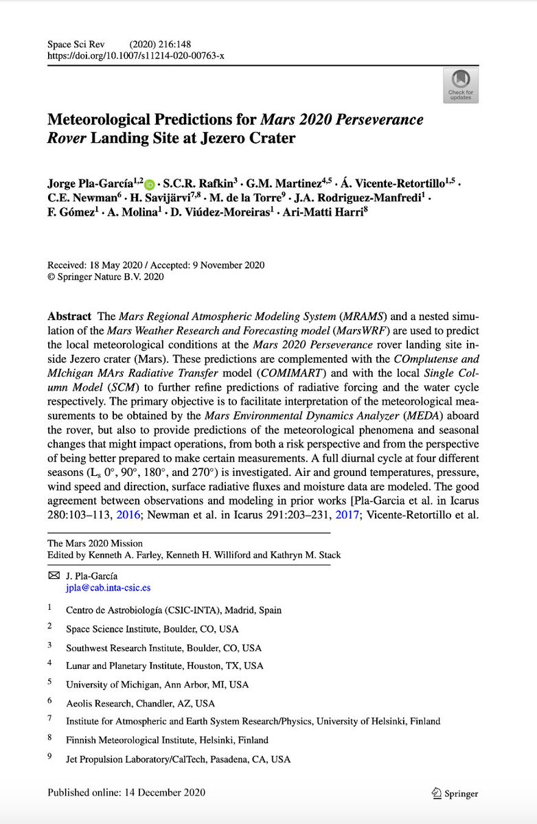 JorgePlaGarcia's tweet photo. Uno de los días mas importantes de mi carrera. Se acaba de publicar nuestro artículo sobre la #MeteoMarciana que se encontrará @NASAPersevere. Encima en una de las revistas científicas mas importan del mundo: @SpringerNature Space Science Reviews. Enlace: https://t.co/Sm3ybFqpFr https://t.co/Cdx7VcOi7W