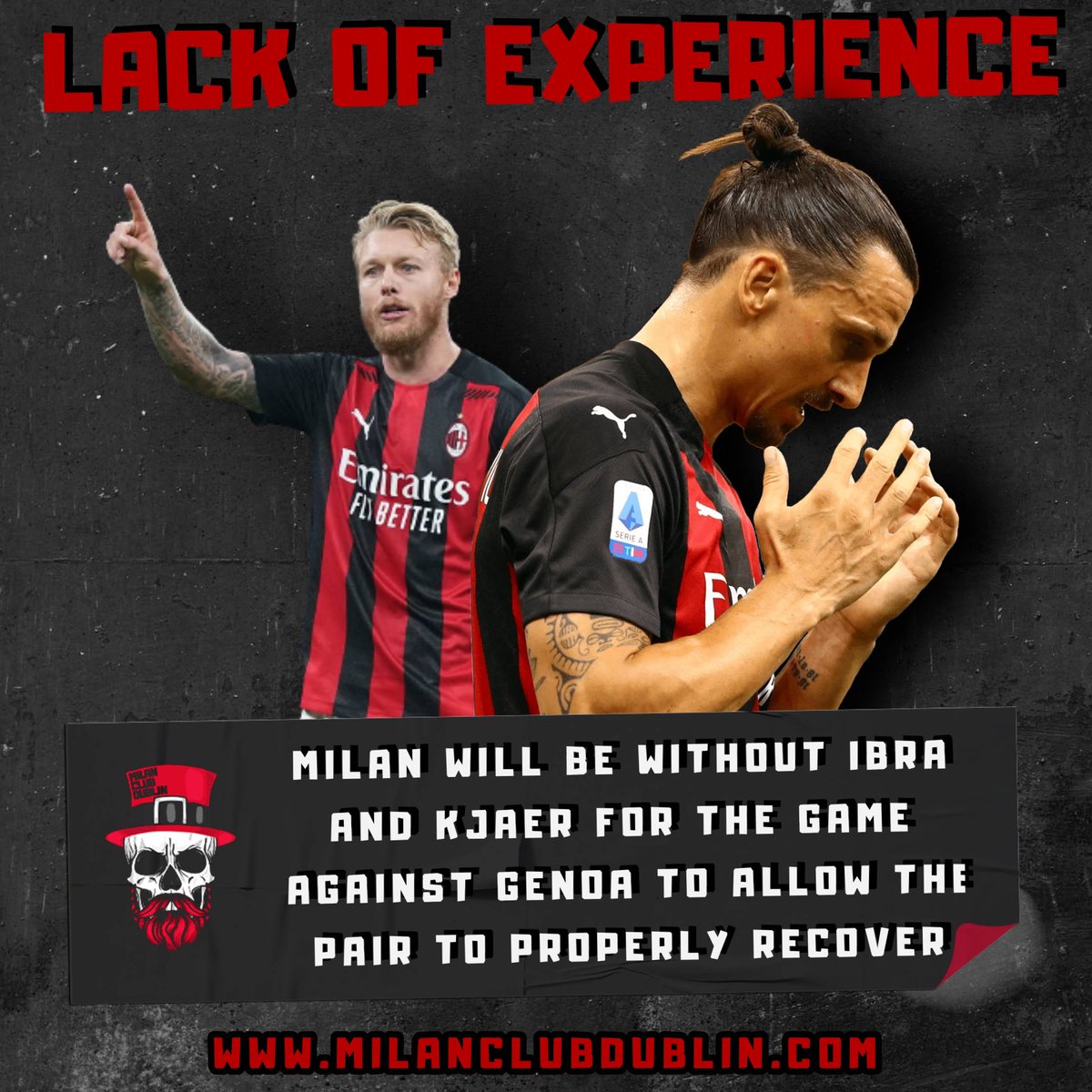 MilanClubDublin's tweet photo. Milan's young squad will be without the two oldest members of the squad against Genoa 😬

#acmilan #genoacfc #genoamilan #seriea #zlatanibrahimovic #simonkjaer #lackofexperience #thekidsarealright https://t.co/IvVB3hZmwd