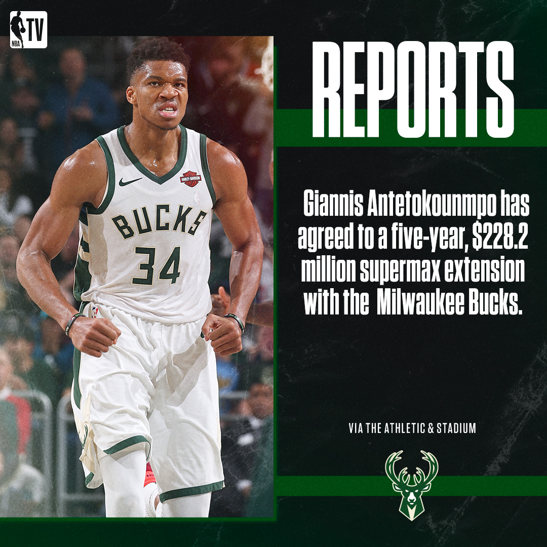 NBATV's tweet photo. Giannis has reportedly agreed to a supermax extension with the Bucks. https://t.co/B00maOn2tw