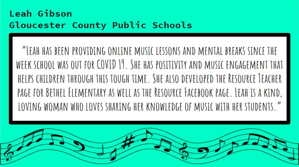 VA_Partners4Edu's tweet photo. Please join us in congratulating Leah Gibson of @GCPS_VA for receiving an #EducatorHero nomination! Read what her nominator had to say about Leah's commitment to providing students online music lessons as well as a safe space for their social-emotional health. Thank you, Leah! https://t.co/spI9VHvKH0