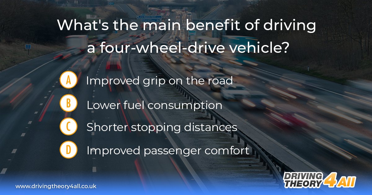 DT4A's tweet photo. π THEORY TEST REVISION QUESTION π
What's the main benefit of driving a four-wheel-drive vehicle?
Show off your driving theory knowledge and leave your answer in the comments πͺ
#drivingtheory #theorytest #learnerdriver #theorytestquestion #theorytestpractice #theoryrevision https://t.co/ElujdFntTk