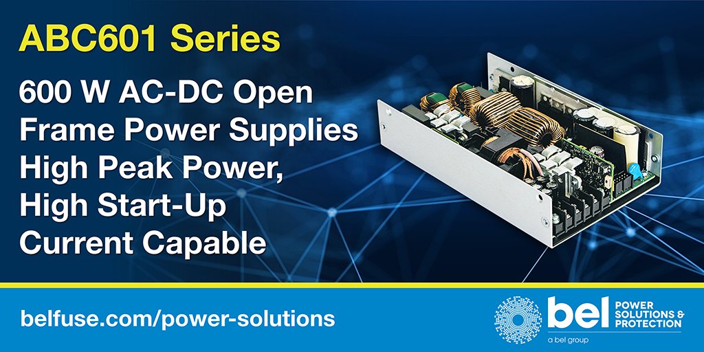 BelPwrSolutions's tweet image. #BelPowerSolutions ABC601 Series of open frame #powersupplies are for #industrial &amp;amp; #medical apps &amp;amp; avail. in variety of single output voltages, providing steady 600 W of reg. DC power thru full 85 to 305 VAC input range w/800 W, 10 s peak capability PR: bit.ly/383O0qg