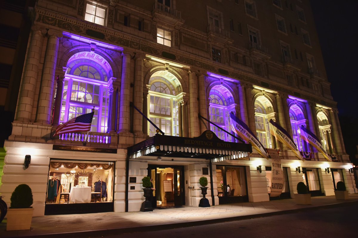 The <a href="/HermitageHotel/">The Hermitage Hotel</a> in Nashville, TN, which was designated a National Historic Landmark this year in honor of its suffrage history, lit up in purple and gold on August 26, 2020 for the #ForwardIntoLight celebration. #WomensVote100 #Nashville #Tennessee womensvote100.org/forwardintolig…