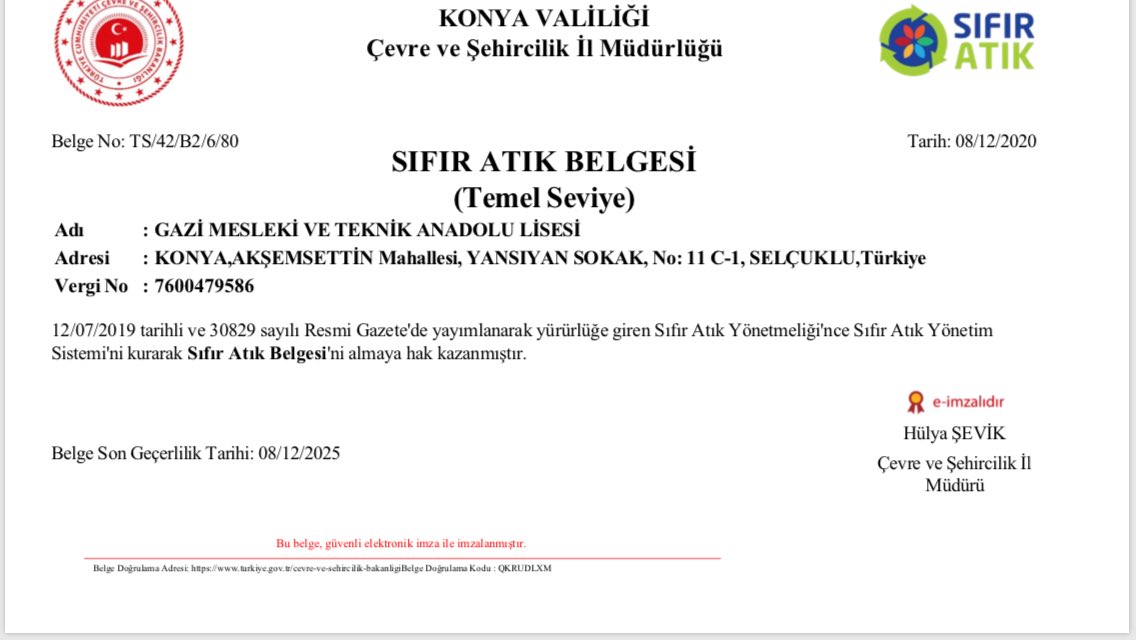 samiye_77's tweet photo. Gazi Mesleki ve Teknik Anadolu Lisesi olarak geri dönüşüme katkı sağlayarak Sıfır Atık Belgemizi aldık.Emeği geçen herkese teşekkür ederiz.@SeyitAliBuyuk @konyamem @IlIsgb @mebisgb @selcukluilcemem @ferit_kemal https://t.co/7U4gtUus7S