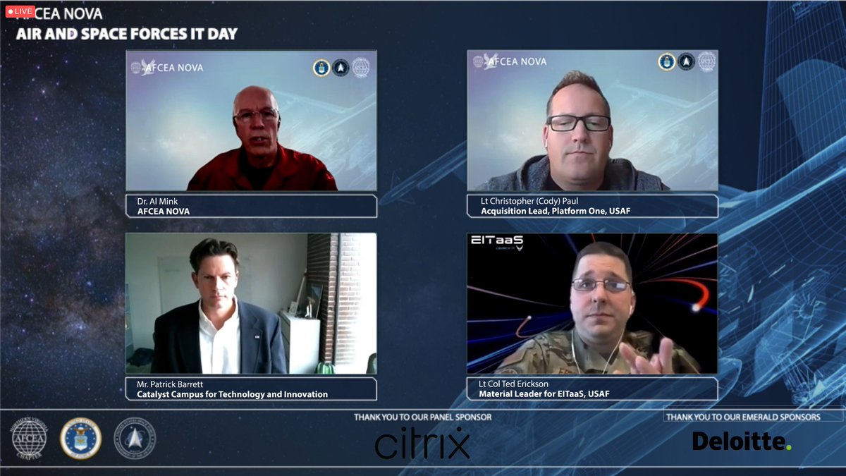 mfgsinc's tweet photo. Leaders from @AFCEANOVA, @usairforce and @Catalyst_Campus are talking #DevSecOps, Cloud, and EITaaS. #AFITDay #AFITDay2020 https://t.co/eRrtrB84bP