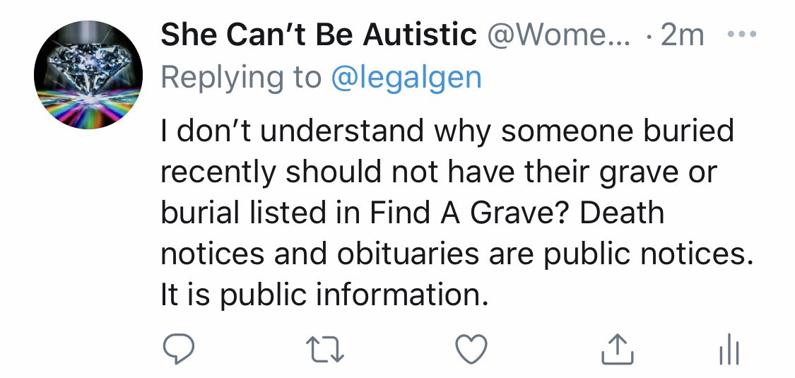 WomenInAutism's tweet photo. @ReclaimTheRecs How is it harming anyone to record a place of burial for posterity? Cemeteries don’t do it in any central location. This is a valuable free service. Obituaries and death notices are public information. The greater sin is to NOT record it and let it be forgotten. https://t.co/AgPdRq5VlK