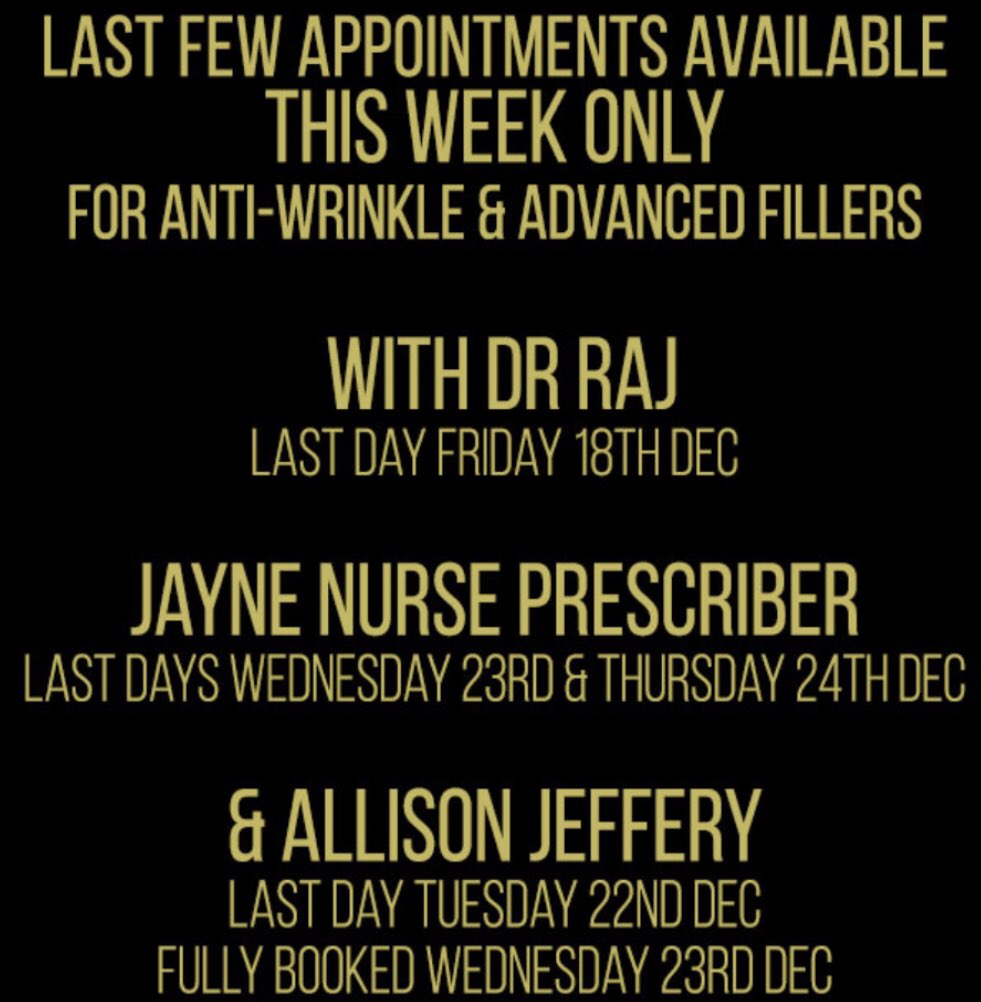 AllisonJeffery_'s tweet photo. Our LAST CLINIC DATES before CHRISTMAS! Book online now to avoid disappointment!

Text enquires 07376 486823/ 07989 355925

Book online at https://t.co/VMv8Gmwgdg 
#skinclinic #brighton https://t.co/3YzQSUToju