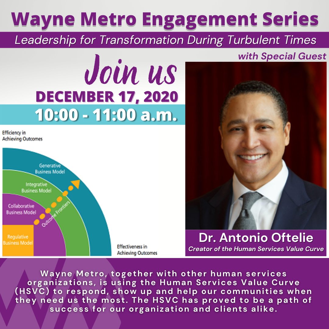 WayneMetroCAA's tweet photo. JOIN US on Thursday, December 17 at 10 a.m. for Wayne Metro's Engagement Series! Learn about the Human Services Value Curve from the creator himself, Dr. Antonio Oftelie.
Registration is required to attend.
Register Here:
https://t.co/lqJp7dBa0k
#TeamWayneMetro #HSVC #DrOftelie https://t.co/Kz2y5RJRA9