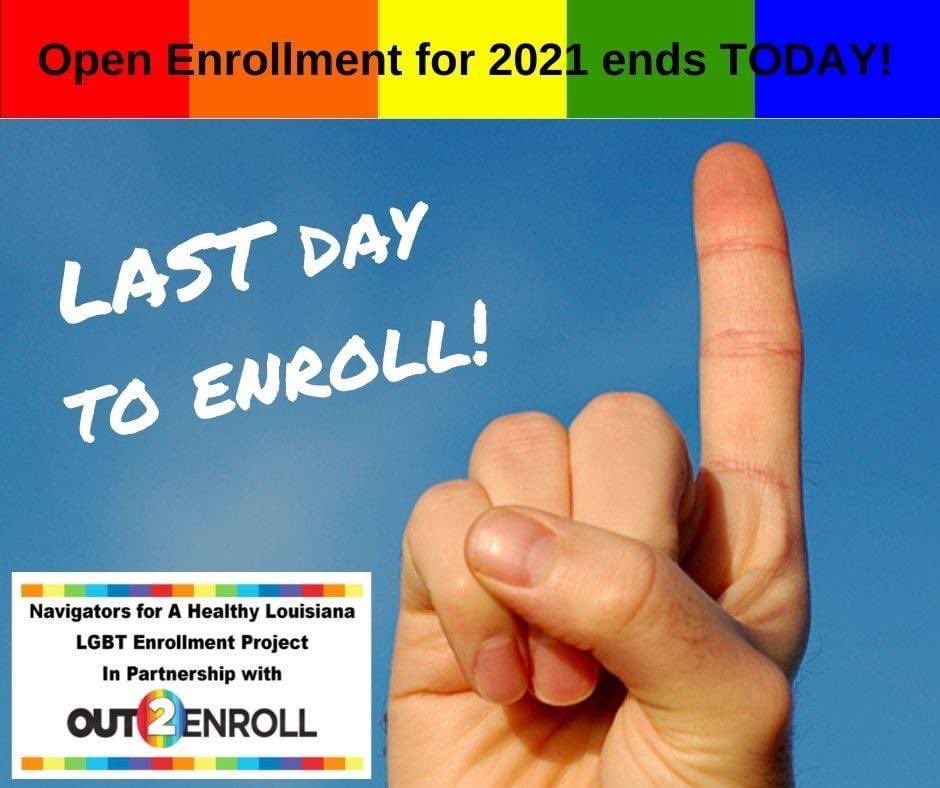 LAOut2Enroll's tweet photo. Time is running out! TODAY is the LAST DAY to sign up for health coverage through https://t.co/QC1e4iag1M. Run..Don't walk. The clock is ticking! #GetCovered #Louisiana #LGBT https://t.co/zlOQffnU5Y