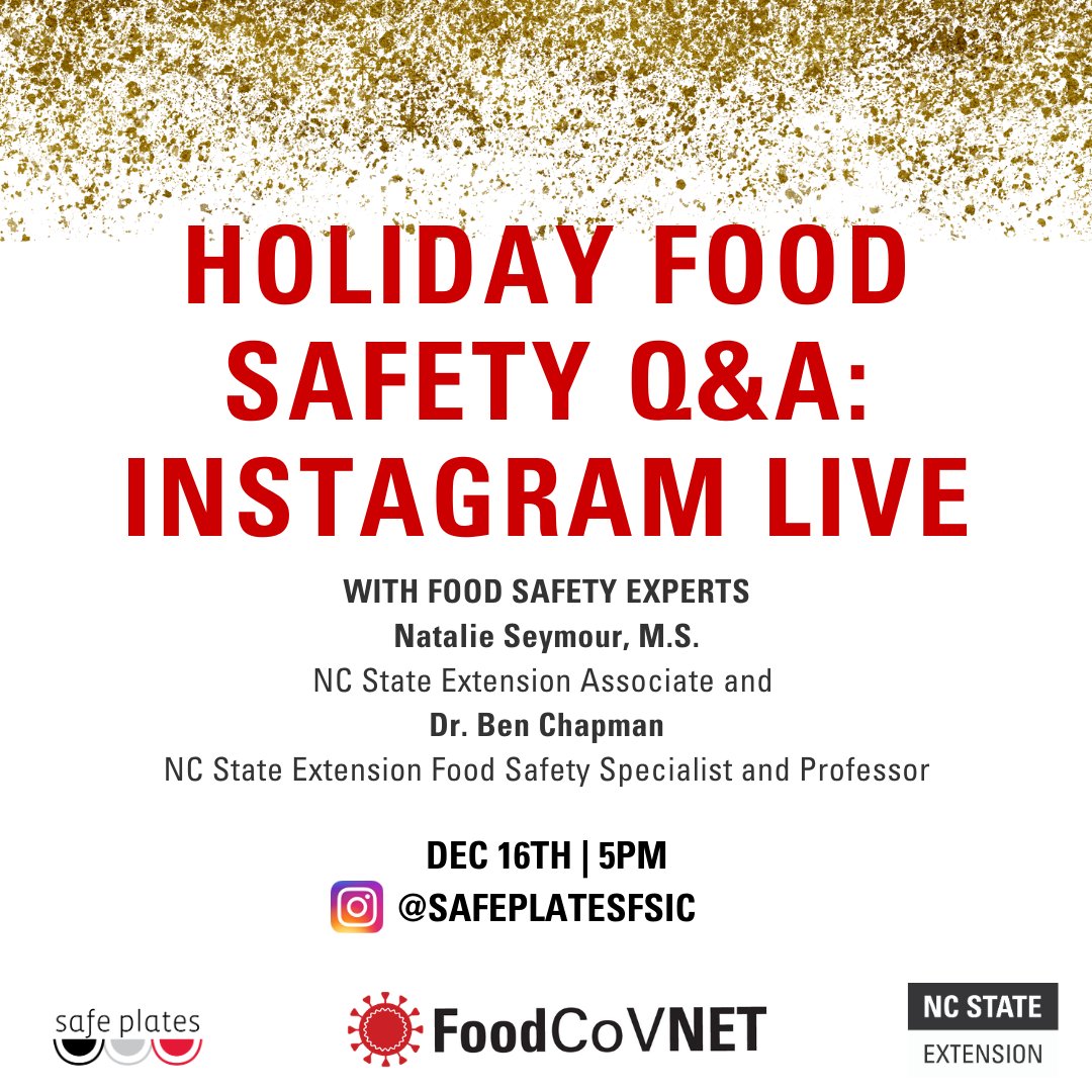 Head over to Instagram and join us with @SafePlatesFSIC TOMORROW at 5pm. @benjaminchapman and @natalierseymour will being answering all questions related to holiday gatherings during a time of COVID-19 and food safety. #Holidays #COVID19 #FoodSafety #IGLive