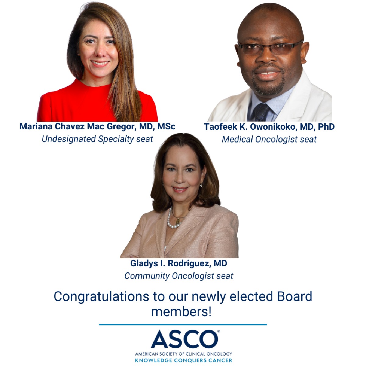 ASCO's tweet photo. 🎉 Congrats to our members who were elected to the ASCO Board of Directors and Nominating Cmte!
Dr. Mariana Chavez Mac Gregor of @MDAndersonNews
Dr. @teekayowo of @WinshipAtEmory
Dr. @RodriguezGIMD of @TheSTARTCenter
Dr. @DrMarkham of @UFMedicine
Dr. @n8pennell of @CleClinicMD https://t.co/HCg8F3ueIw