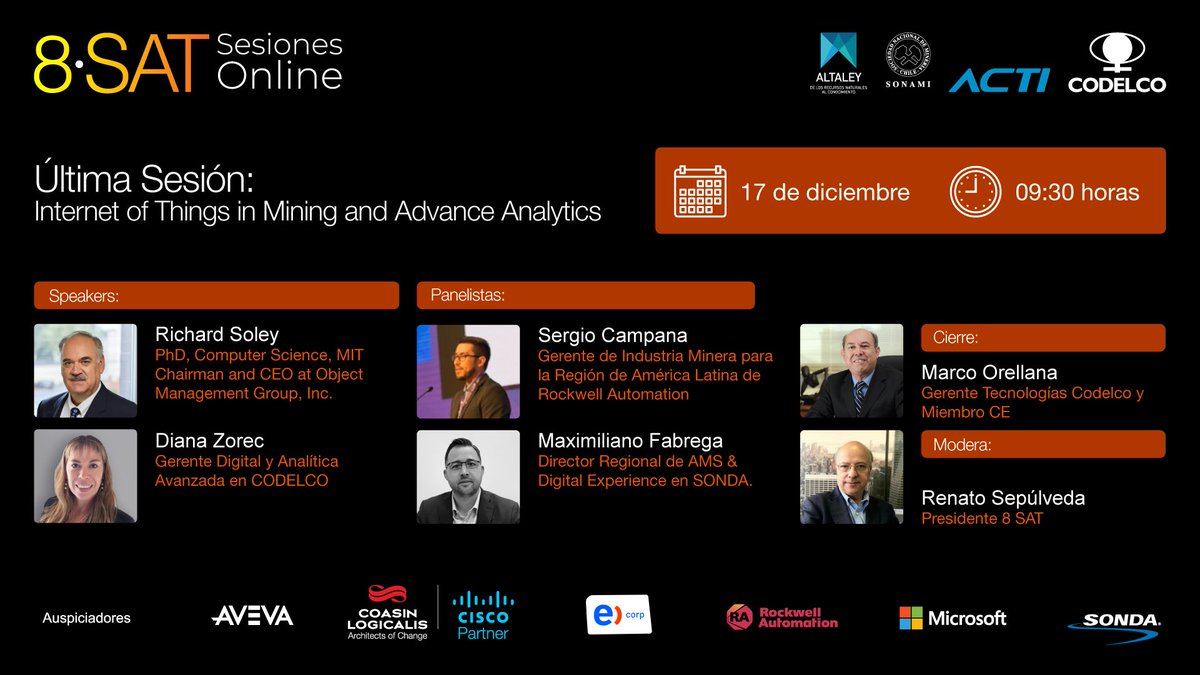 acti_chile's tweet image. Regístrese a la última sesión de 8SAT, donde junto a Diana ZOREC, Gerente Digital y de analítica avanzada en CODELCO, conversaremos sobre los últimos avances en #InternetofThings y #AdvanceAnalytics.

Jueves 17 de diciembre a las 9:30 hrs.
Regístrese:  bit.ly/3aJxahw