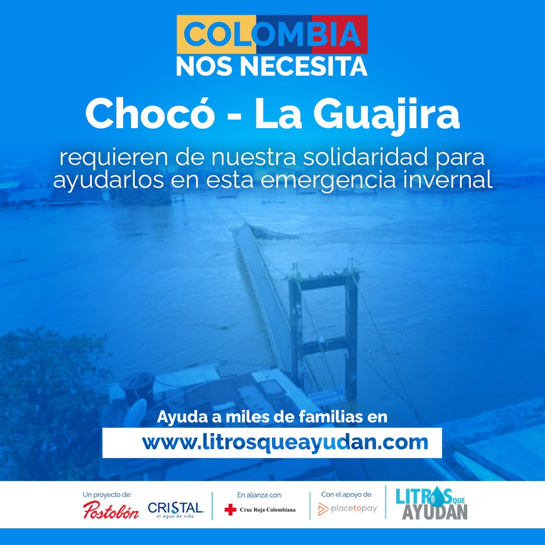 ¡Chocó y La Guajira necesitan de nuestra ayuda! Es momento de apoyarnos como país, demuestra tu solidaridad por medio de Litros Que Ayudan. Dona litros de agua para apoyar a las familias afectadas y juntos superar esta emergencia invernal. Ingresa a  litrosqueayudan.com.