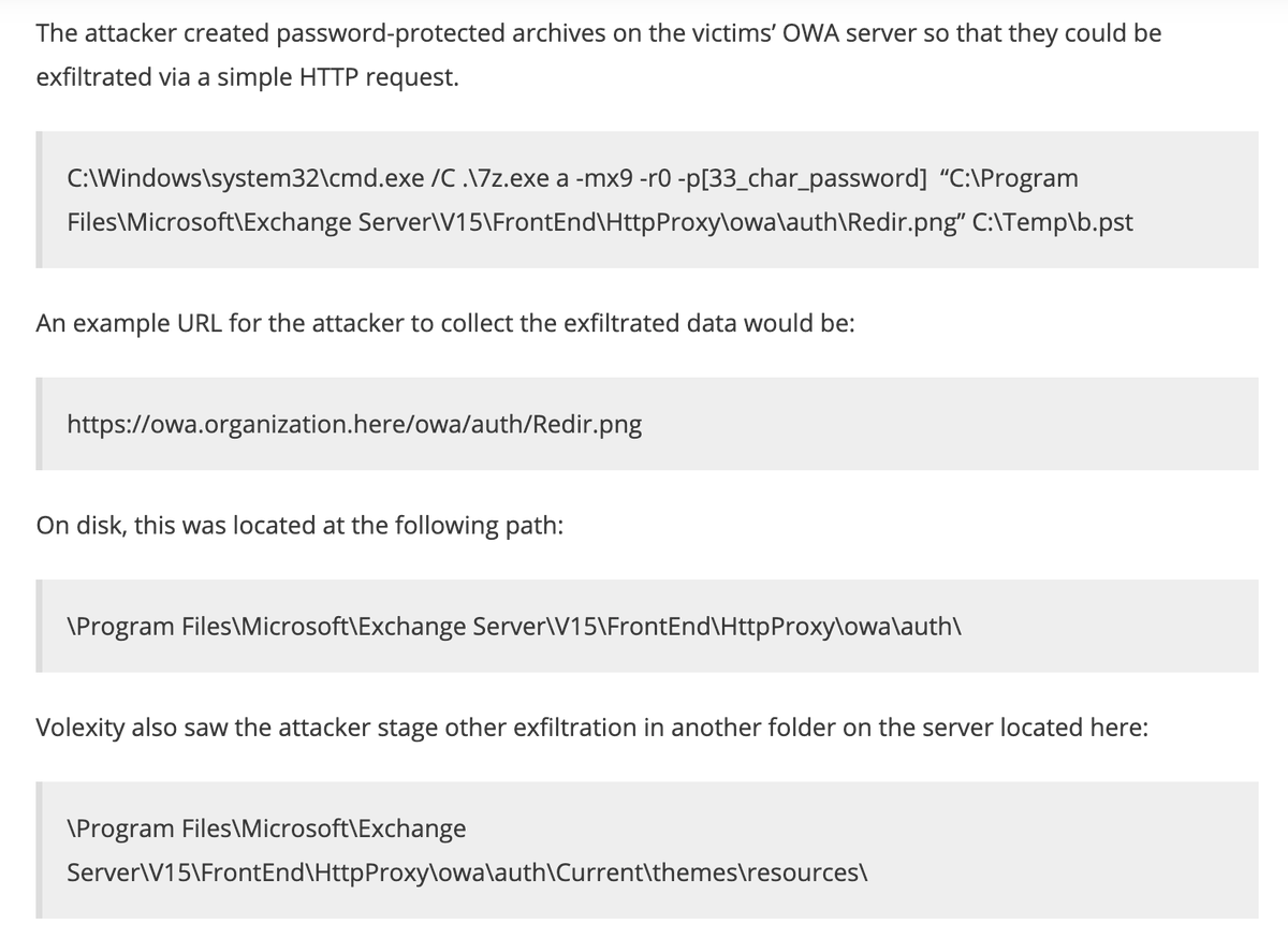 A few things from the  @Volexity blog to highlight - if you're concerned about being impacted by Dark Halo (who used  #SolarWindsOrion for access), it's probably worth a look at your Exchange servers. Check for weirdness in \\Microsoft\\Exchange Server\\V15\\FrontEnd\\HttpProxy\\owa\\auth