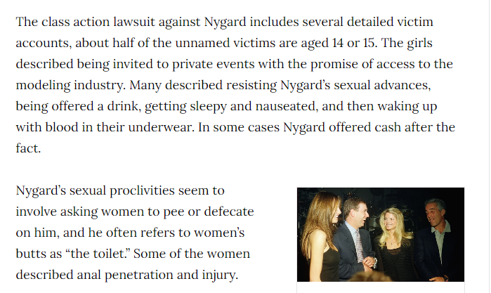 Trigger warning! This Nygard fellow is a monster. You can't tell me he didn't party with Trump. https://www.vice.com/en/article/pkd34v/fashion-mogul-peter-nygard-accused-of-being-a-serial-rapist-arrested-in-winnipeg?utm_source=viceworldnewstw