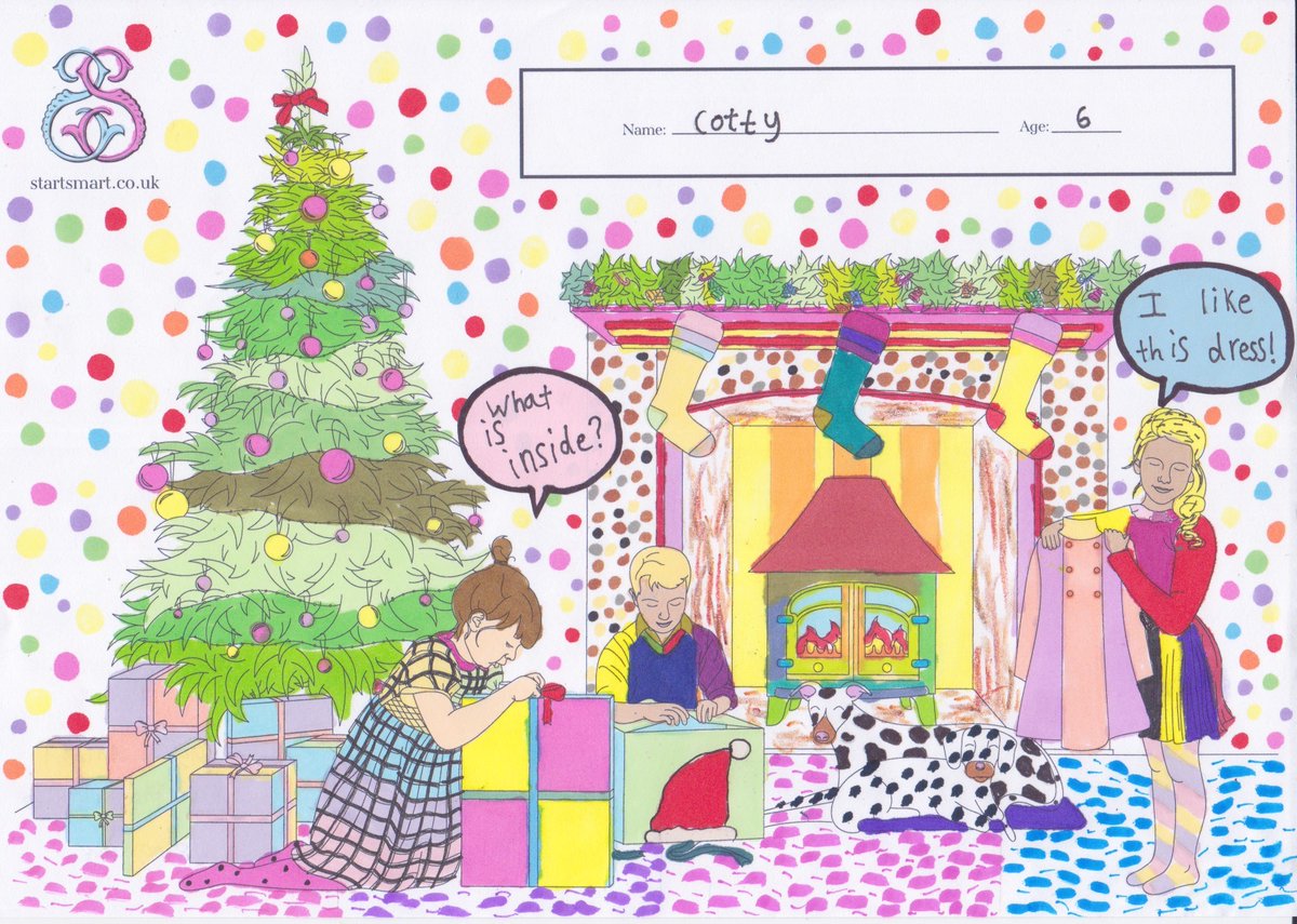 MiwaryUK's tweet photo. #startsmartclothing Entered by email. Colouring by my daughter Cotty, aged 6.
#ChristmasTree #childrenclothes #ChristmasStockings #fireplace #Christmasgifts #carpet #spotswallpaper #Dalmatian #whatisinside #baubles https://t.co/itTJvvfgxw