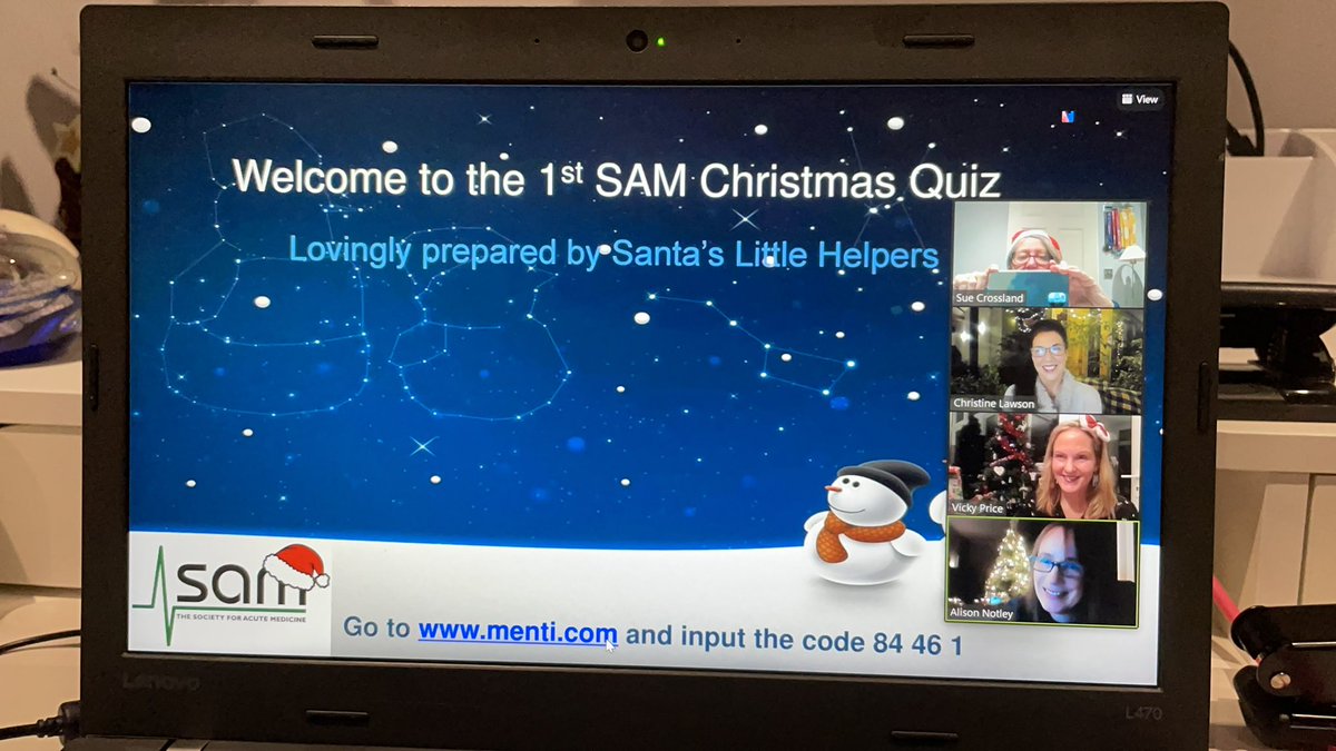 SueManby's tweet photo. Please be on time for the #SAMChristmas Quiz. Get your mince pie and wine-we start in 15 minutes!! @acutemedicine #teamAMU and remember you don’t have to do AIM to join in the fun! https://t.co/ZaaWwC7Fzj