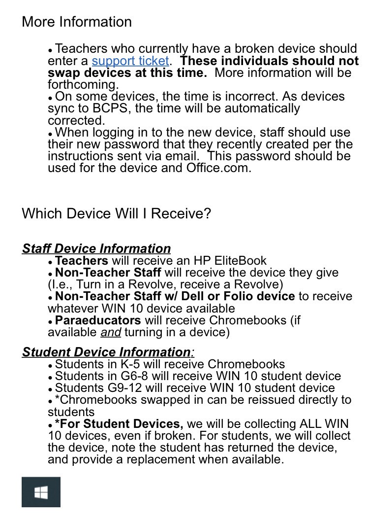 So, you’ve come to swap your device? Here’s what you can expect!
*What's on the device
*Additional software for staff
*More information
*Which device you'll receive

Find the schedule and these tips: bcps.org/tech-support