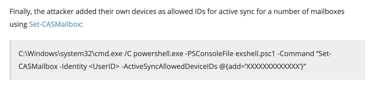 Might also be worth checking for what devices can do an active sync - my read on this is that this allows adversaries to copy victim mailboxes to their devices. I'm thinking of this in the same vein as checking for email forwarding rules.