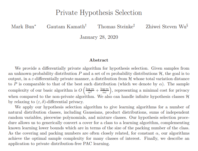 thegautamkamath's tweet photo. Pertinent paper is Private Hypothesis Selection (https://t.co/d69VrfAROK), with Mark Bun (@markmbun), Thomas Steinke (@shortstein), and Steven Wu (@zstevenwu), originally in #NeurIPS2019. One of my favourite recent projects! https://t.co/28VvwYV6AF