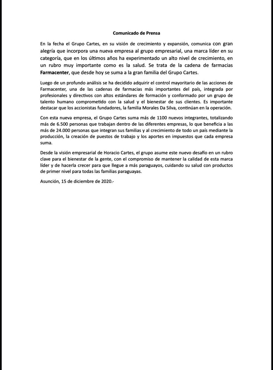 Doy la bienvenida a los 1.100 colaboradores que forman la cadena de farmacias Farmacenter y que desde hoy se suman al Grupo Cartes. Es una gran alegría contar con un grupo humano tan comprometido con la calidad y el bienestar de las personas.  ¡Bienvenidos compañeros!