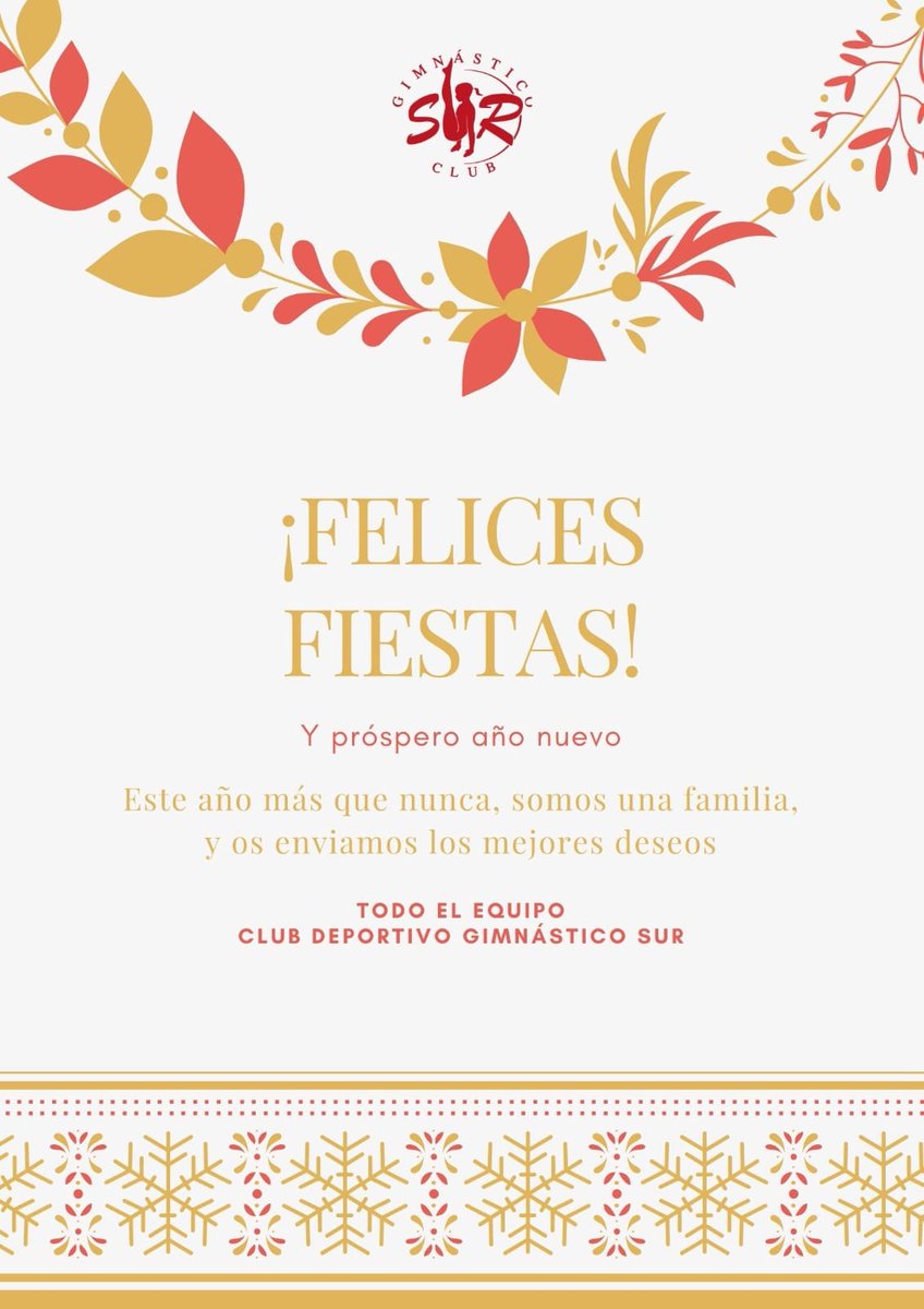 GimnasticoSur's tweet photo. Desde el #ClubSur os deseamos que este año, más que nunca, vuestros hogares se llenen de la alegría y la ilusión de las fiestas navideñas. Os deseamos una Feliz Navidad y un maravilloso Año Nuevo ❤️❤️❤️ https://t.co/0Bt4vak82f