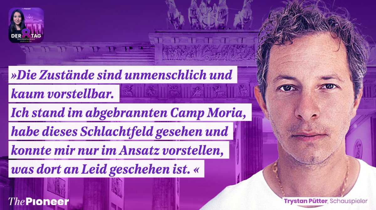 ThePioneerDe's tweet photo. Die Lage der Geflüchteten im Camp Moria auf #Lesbos hat sich seit dem Brand nicht gebessert. Deshalb hat Schauspieler Trystan Pütter mit Volker Bruch die Hilfskampagne "Los für Lesbos" gestartet, über die er im #D8T-Podcast berichtet.#LeaveNoOneBehind👉🏻https://t.co/xzZgrjhPsW https://t.co/OnVPYDFBOy