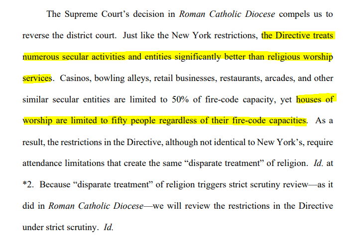 9th Cir. holds that Nevada Gov. Sisolak's pandemic order that imposes a 50-person cap on indoor worship services violates the First Amendment because it imposes greater restriction on religious activity than on secular businesses like casinos.  https://cdn.ca9.uscourts.gov/datastore/opinions/2020/12/15/20-16169.pdf