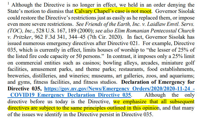 Note the footnote on mootness. This particular pandemic directive is no longer in effect, but the court explains that the governor could reimpose it at any time. And warns that "all subsequent directives are subject to the same principles outlined in this opinion."