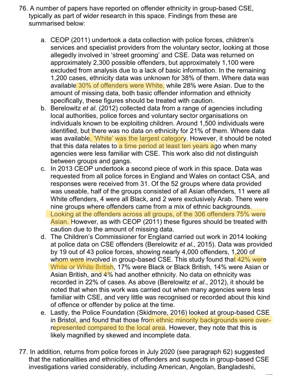 In the report, they make clear that data is lacking. But note here, *every single example they found* suggests white people are massively under-represented in group-based CSE. They couldn’t find a single case where white offenders have anywhere close to their population share.