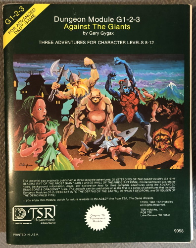 There was a linked plot that tied them together, led to the D series, and then culminated with Q1 Queen of the Demonweb Pits. G1-G3 were released as a single 32-page module called Against the Giants in 1981.  #CuratedQuarantine
