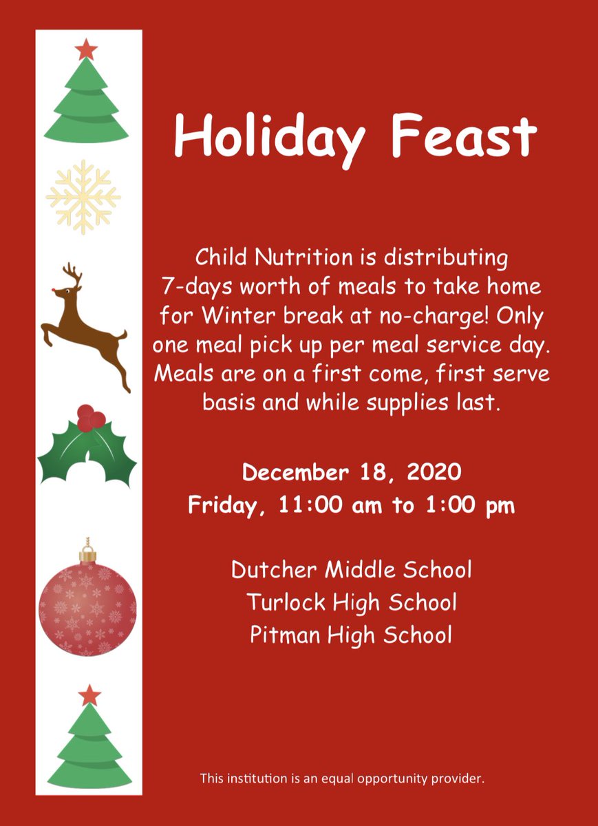 TurlockUSD's tweet photo. We will be distributing meals for families during the winter break. Families can pick up their 7 days’ worth of meals on Fri., Dec. 18 from 11:00 AM to 1:00 PM at Dutcher, Turlock &amp; Pitman High School. Meals are on a first come, first serve basis. 🎅 🎄 🍊 #TUSD #REALFRESH https://t.co/cV3gLRfnwK