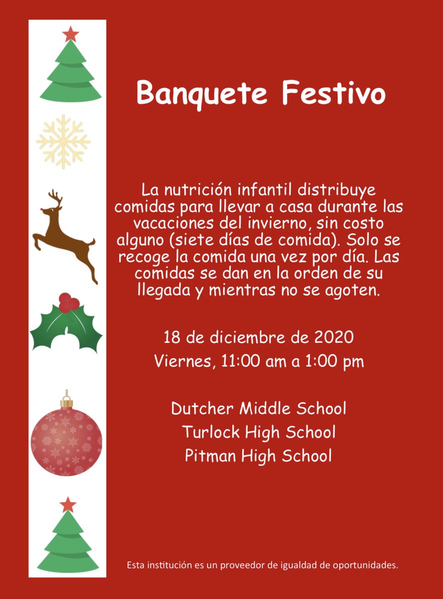TurlockUSD's tweet photo. We will be distributing meals for families during the winter break. Families can pick up their 7 days’ worth of meals on Fri., Dec. 18 from 11:00 AM to 1:00 PM at Dutcher, Turlock &amp; Pitman High School. Meals are on a first come, first serve basis. 🎅 🎄 🍊 #TUSD #REALFRESH https://t.co/cV3gLRfnwK