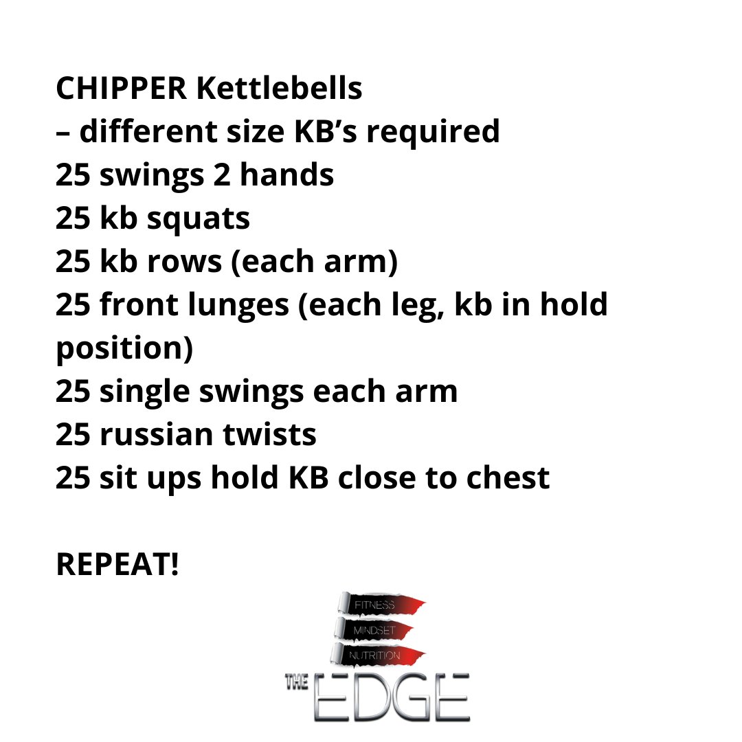 PaulGreavesPT's tweet photo. CHIPPER Kettlebells
– different size KB’s required
25 swings 2 hands
25 kb squats
25 kb rows (each arm)
25 front lunges (each leg, kb in hold position)
25 single swings each arm
25 russian twists
25 sit ups hold KB close to chest

REPEAT!
Aim for 2/3 rounds! https://t.co/GKcIMujIEK