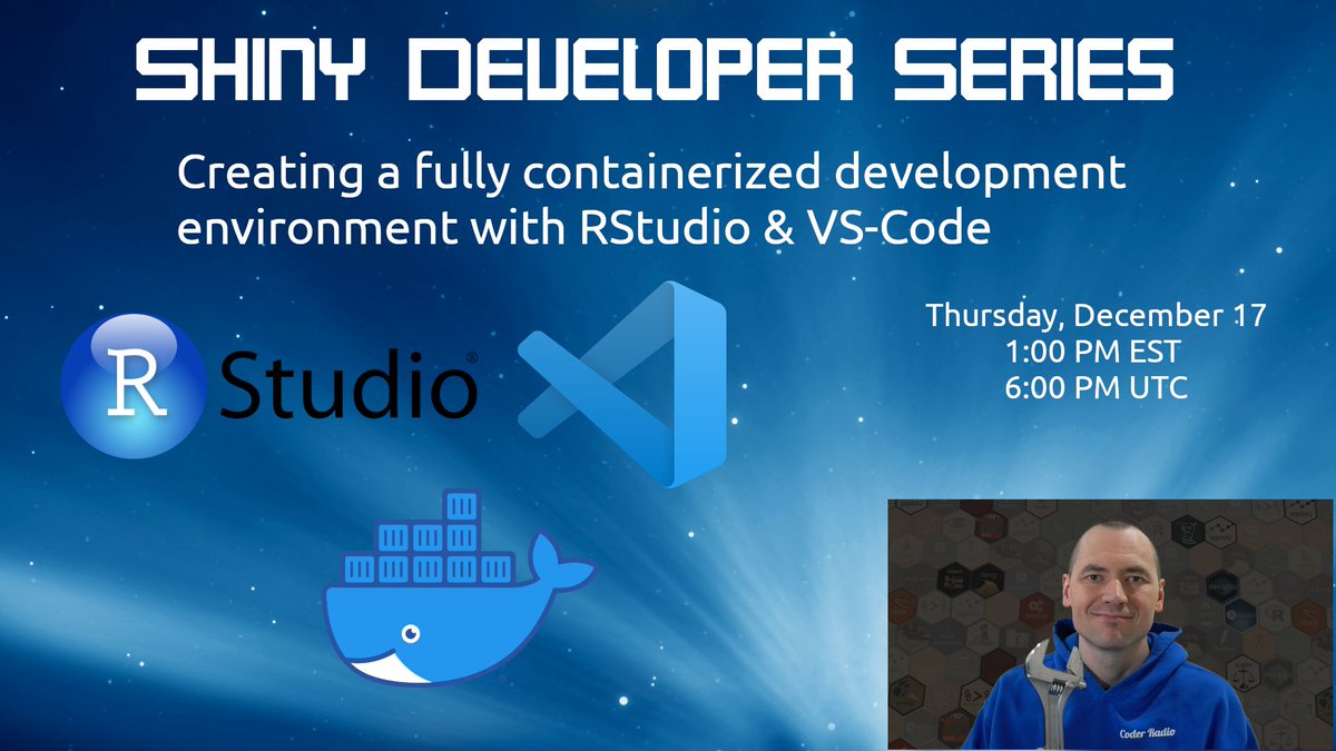 theRcast's tweet photo. 📅 The first-ever @shinydevseries live stream is happening this Thursday!  Join me on YouTube 🖥️  as I demo a fully-containerized #rstats dev environment with @rstudio ➕ @code , perfect for custom #shiny app workflows 😃 

https://t.co/7Ssjy4pPCp https://t.co/qb8tNLkRSs