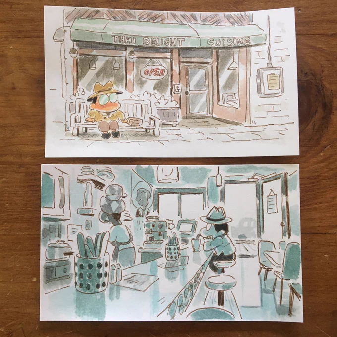 Some note card doodles of my favorite local restaurants in my neighborhood. I miss sitting at their tables. They look so lonely now :/   #supportsmallbusiness #takeout #berkeley #guerillacafe #thaidelight 